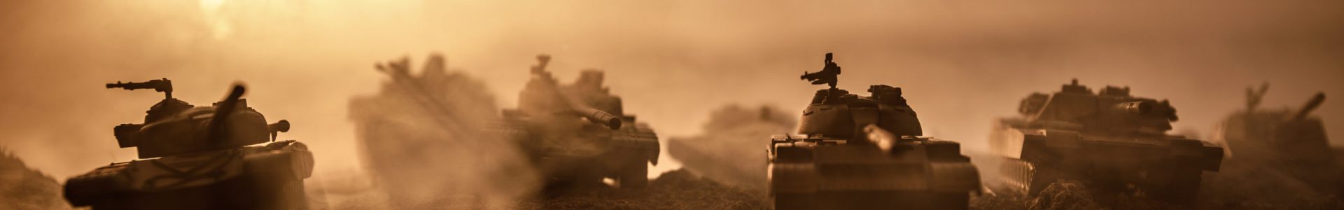 War Concept. Military silhouettes fighting scene on war fog sky background, World War Soldiers Silhouettes Below Cloudy Skyline at sunset. Attack scene. Armored vehicles. tank in action